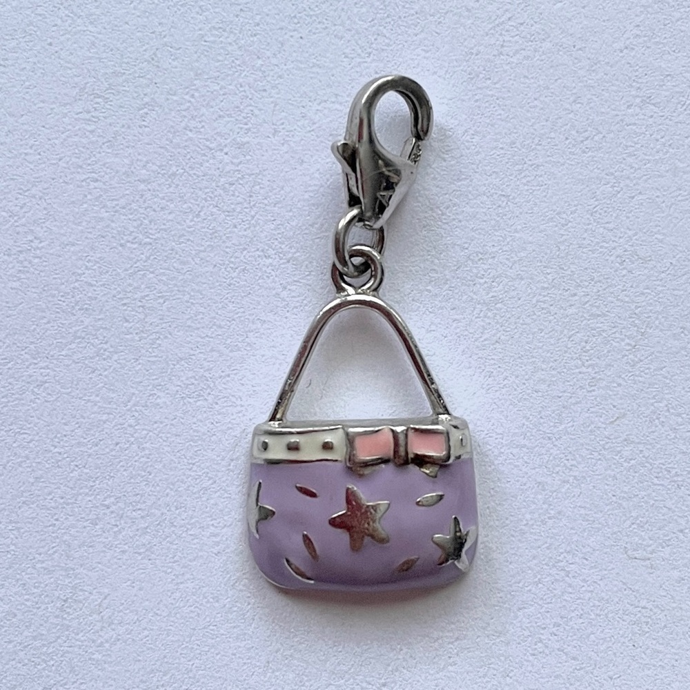 925 Silver Purple Enamel Star Purse / Bag Dangle Charm Pendant
